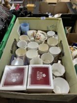 Three boxes of Royal commemorative ceramics to include a George IV jug (AF) and Princess Victoria