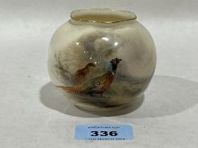 A Royal Worcester jar, painted with a cock and hen pheasant by George Stinton. 3" diam.