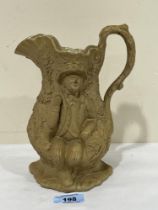 A Victorian buff stoneware jug, relief moulded with Tam O"Shanter and Souter Johnnie. 9" high.