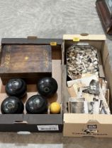 Two boxes of sundries to include bowling woods, clay pipes, photographs etc.