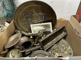 Four boxes of metalware, games and sundries.