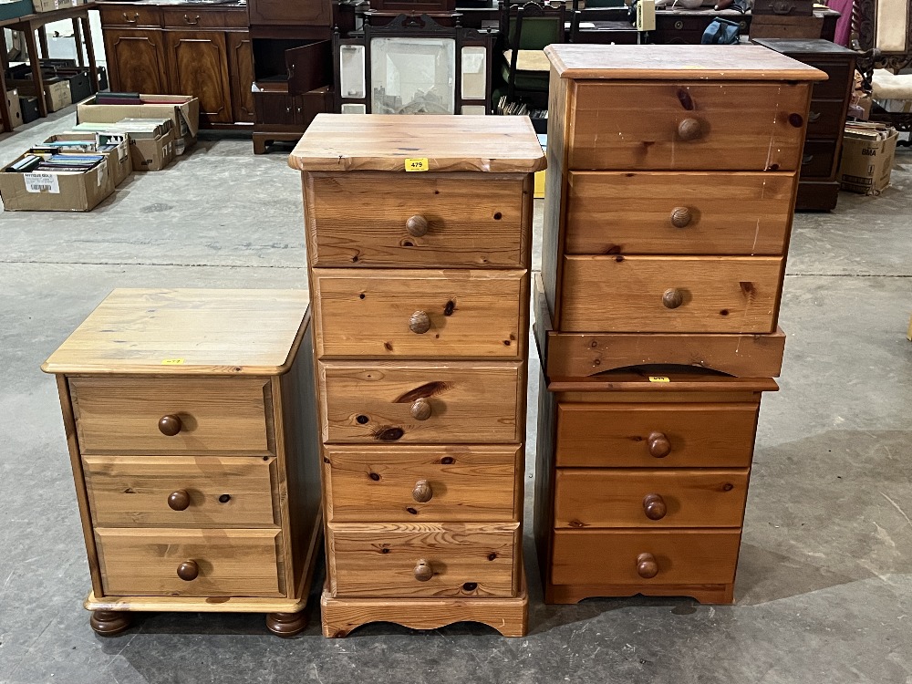 Three pine bedside chests and a narrow chest of drawers. (4)