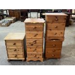 Three pine bedside chests and a narrow chest of drawers. (4)