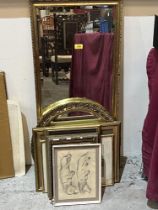 Two gilt framed mirrors and a collection of pictures.