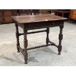A William III and later joined oak side table with frieze drawer, on bobbin turned and square
