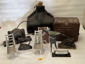 A leathern cider costrel; a thresher bearing case and other objects.