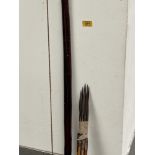 A treen longbow, 63" long, with eight spear tip arrows