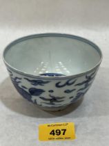 A Chinese blue and white decorated bowl, 4½" diam. Hair crack.