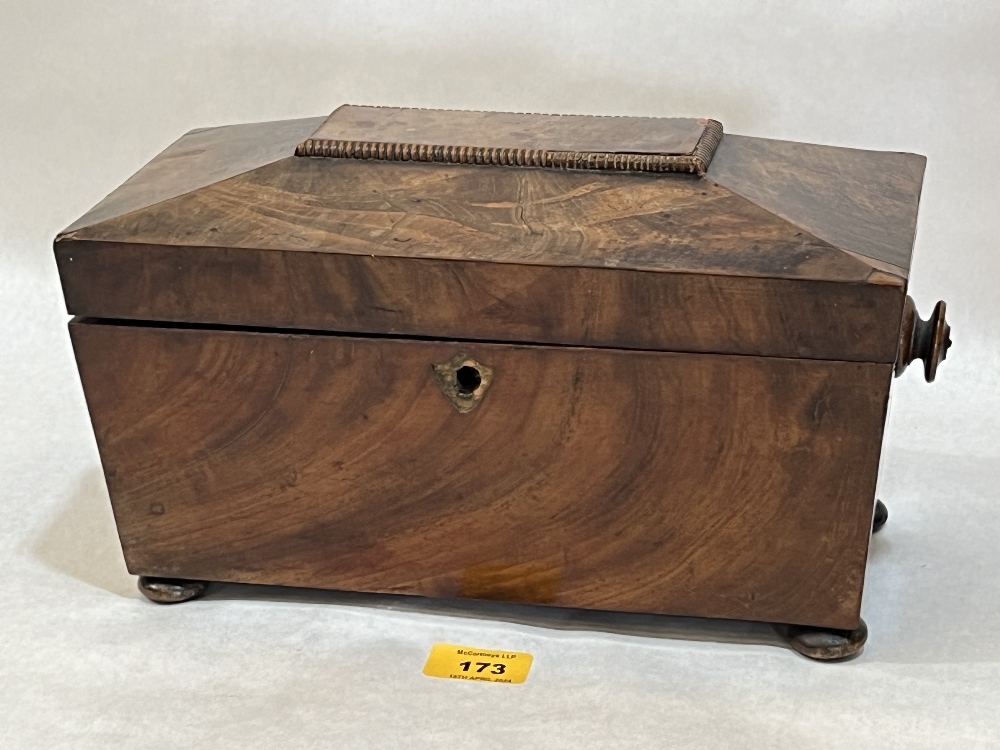 A Regency mahogany sarcophagus tea caddy, 12" wide.