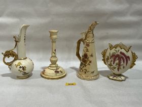 Four items of Royal Worcester blush ivory ceramics, the candlestick 7½" high.