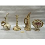 Four items of Royal Worcester blush ivory ceramics, the candlestick 7½" high.