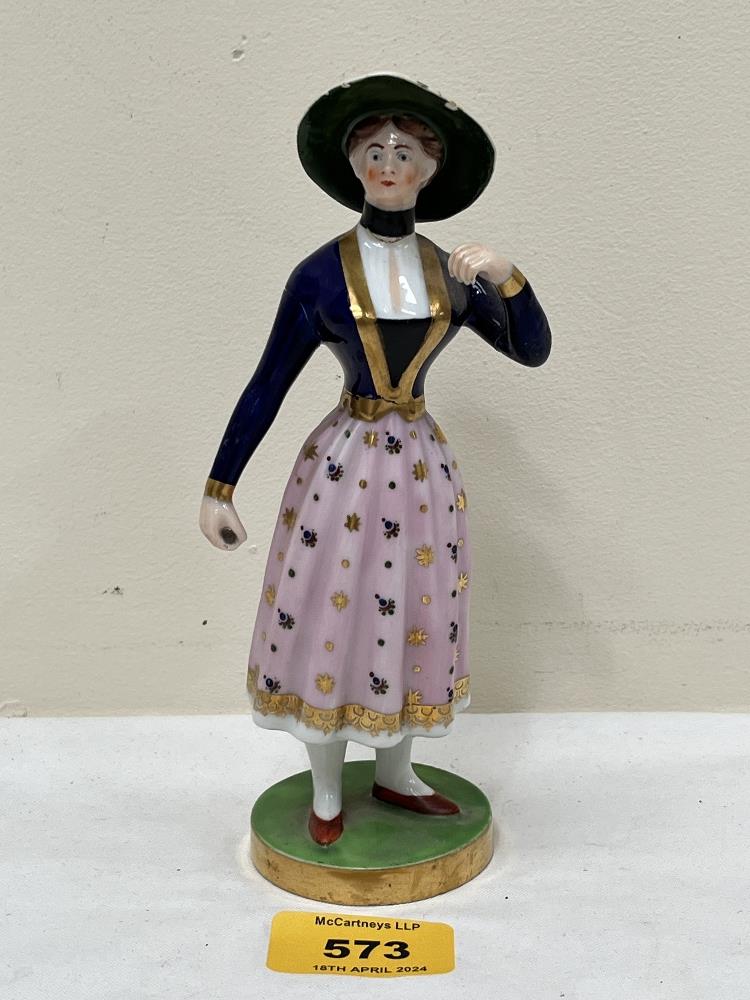 Chamberlains Worcester figure of Madame Vestris. Mark in red script, c.1830. 7" high. Chips to hat