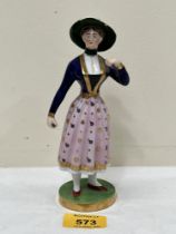 Chamberlains Worcester figure of Madame Vestris. Mark in red script, c.1830. 7" high. Chips to hat