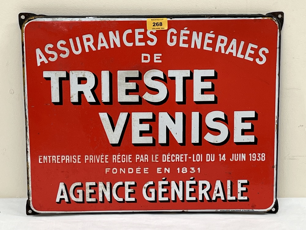 A French enamel sign for Assurances Generales de Trieste Venise. 14½" x 18½"