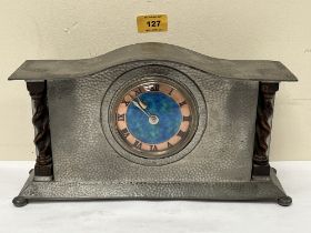 A Liberty & Co Tudric pewter mantle timepiece, model no 01126B, the blue and green enamelled dial