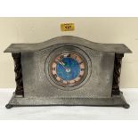 A Liberty & Co Tudric pewter mantle timepiece, model no 01126B, the blue and green enamelled dial