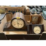 Three mantle clocks, one in a Bakelite case.