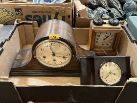 Three mantle clocks, one in a Bakelite case.