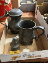 A 19th Century pewter tankard, mug and pepperette.