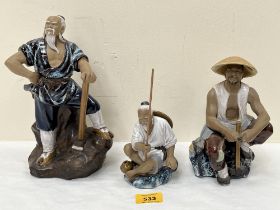 Three Chinese polychrome glazed Mudman figures, the largest 10" high.