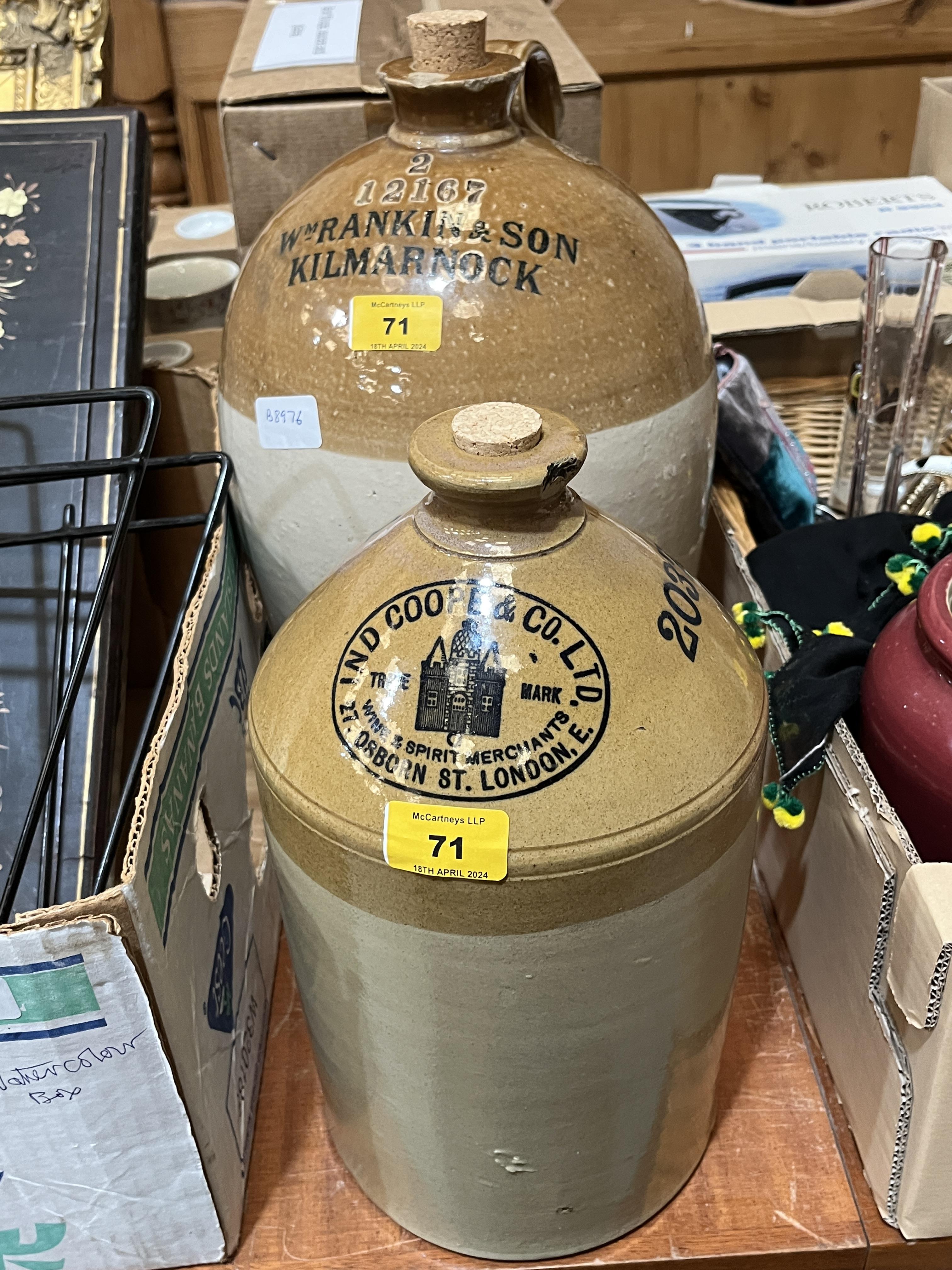 Two stoneware brewing jars, the larger 14½" high.