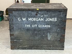 An iron bound chest, marked G.W. Morgan Jones, The Life Guards. 48"w x 38"h