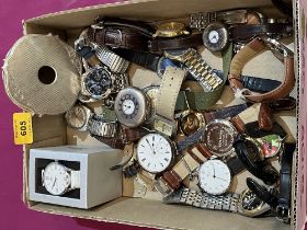 A box of watches to include three silver cased examples and a silver jar cover.