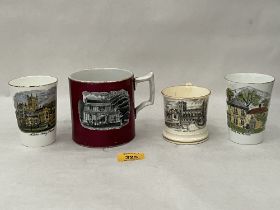 Two Victorian mugs and two beakers, all transfer printed with views of Malvern.