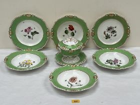 A Bloor Derby part dessert service of eight pieces finely painted with botanicals. The plates 10"