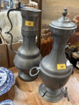 A 19th Century pewter flagon, 17" high, and a pewter samovar (AF).