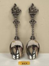 A pair of 19th Century Dutch silver spoons with galleon terminals. 7½" long. 4ozs 8dwts