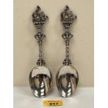 A pair of 19th Century Dutch silver spoons with galleon terminals. 7½" long. 4ozs 8dwts