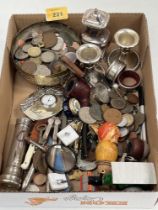 A box of coins and sundries.