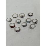 Two 9ct rings and nine silver gemset rings.