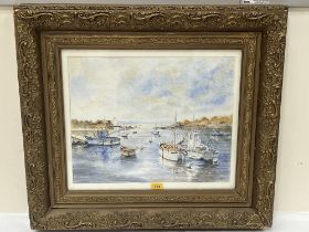 A gilt framed watercolour harbour scene after Sicard and a gilt framed oil river landscape.