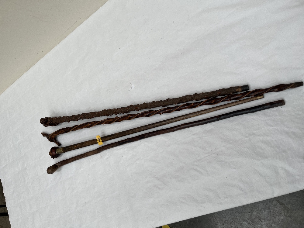Four 19th Century carved treen walking sticks.