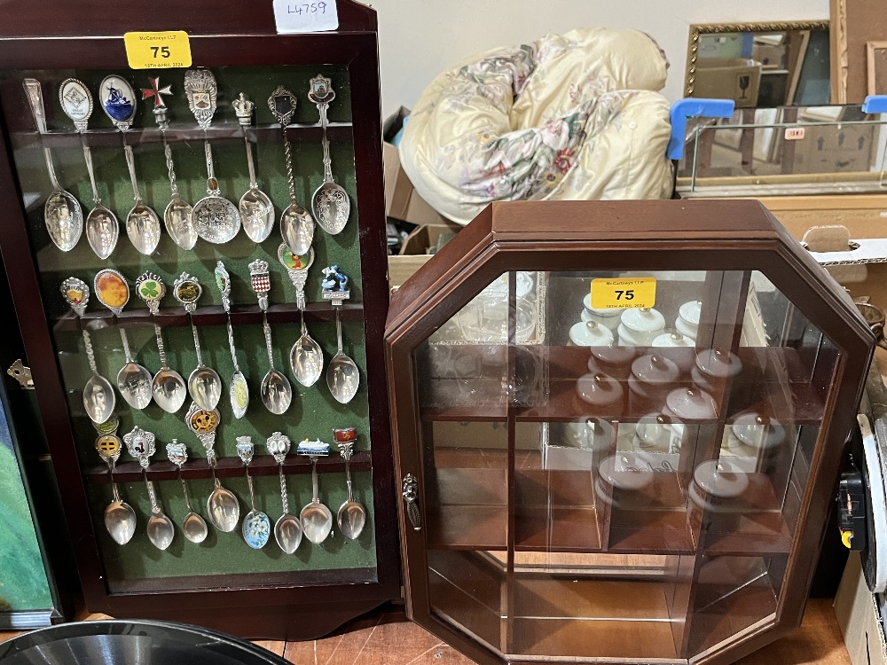 Two display cases, one containing a collection of plated crested spoons.