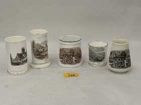 Three 19th Century spill vases and two mugs, all transfer printed with views of Malvern.