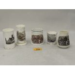 Three 19th Century spill vases and two mugs, all transfer printed with views of Malvern.