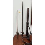 Two swept hilt swords, one with leather scabbard. 36" and 29" long.