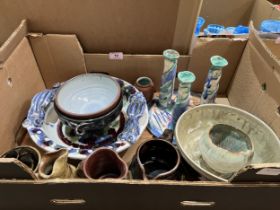 A box of studio pottery.