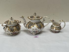A Victorian teapot, sucrier, cover and milk jug, painted with panels of summer flowers on a grey and