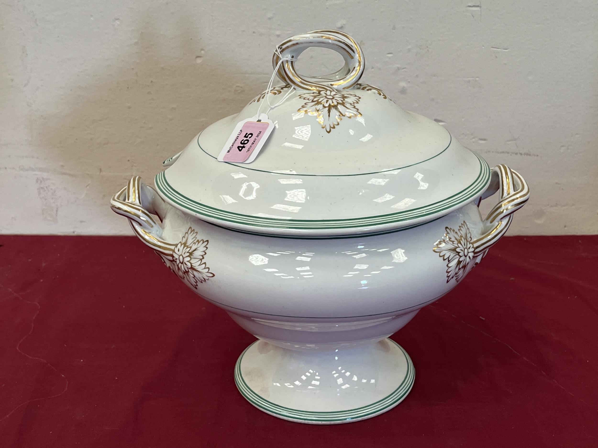 A Victorian soup tureen with domed cover, 13" diam over handles.