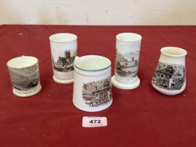 Three 19th Century spill vases and two mugs, all transfer printed with views of Malvern.