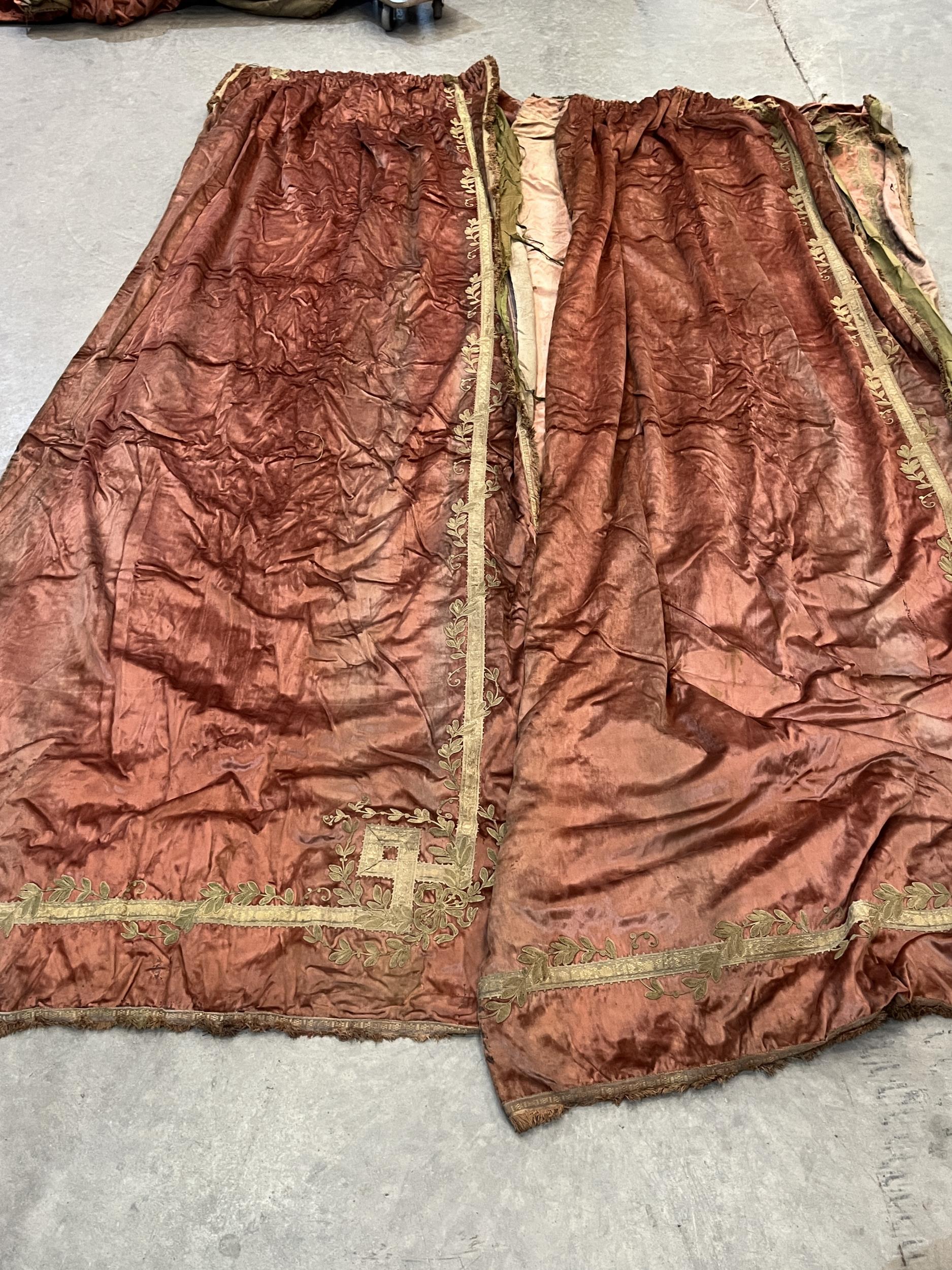 Two pairs of Victorian heavy velvet and embroidered curtains, each curtain 32" x 120" approx, with a