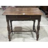 A William III and later joined oak side table with frieze drawer, on bobbin turned and square