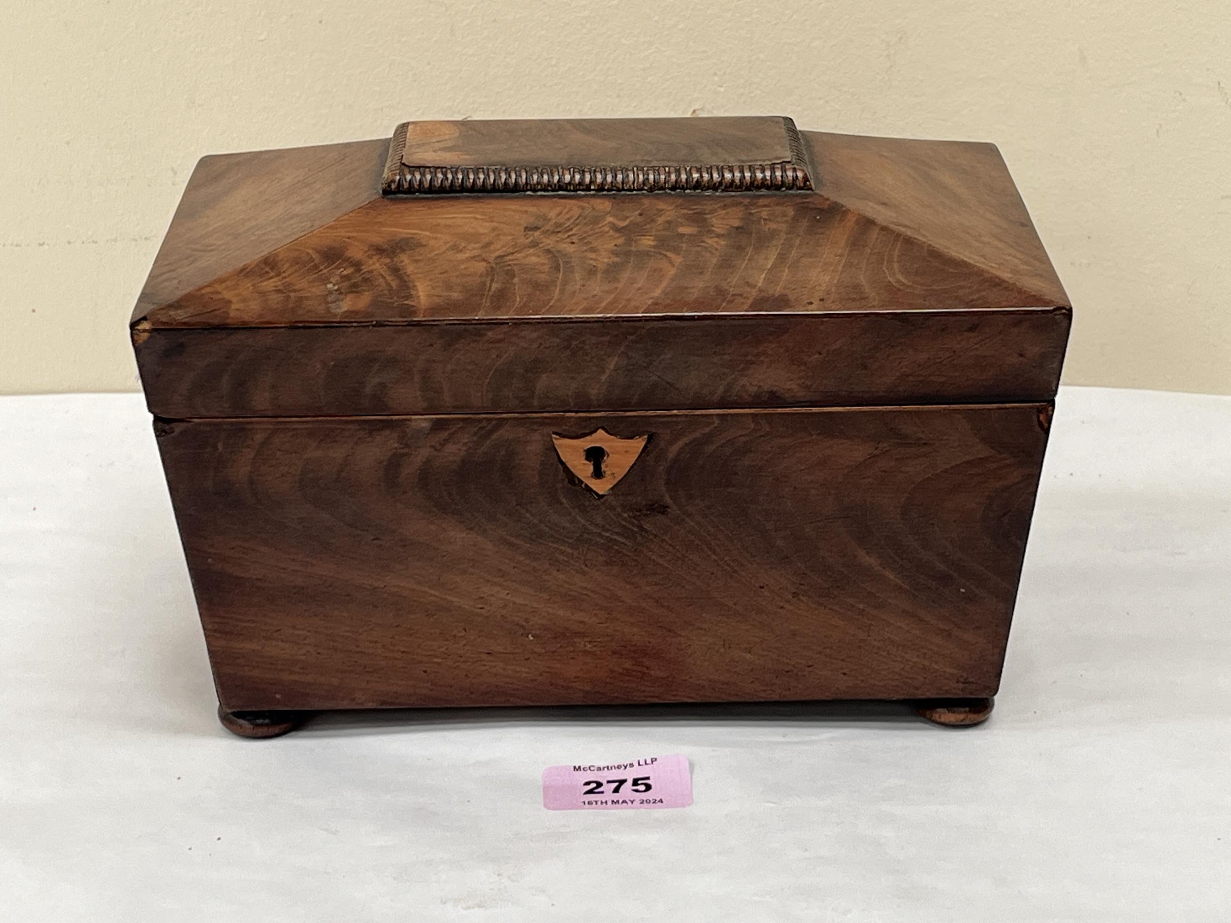 A George IV mahogany sarcophagus tea caddy. 9" wide. Interior gutted.
