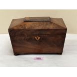 A George IV mahogany sarcophagus tea caddy. 9" wide. Interior gutted.