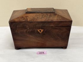 A George IV mahogany sarcophagus tea caddy. 9" wide. Interior gutted.