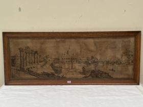 An oak framed textile, panorama of Rome. 19" x 55".